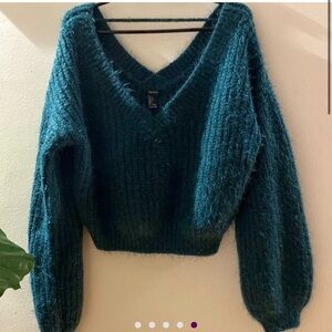 Oversized Forever 21 Teal Fuzzy Knit Cropped Sweater 💙✨